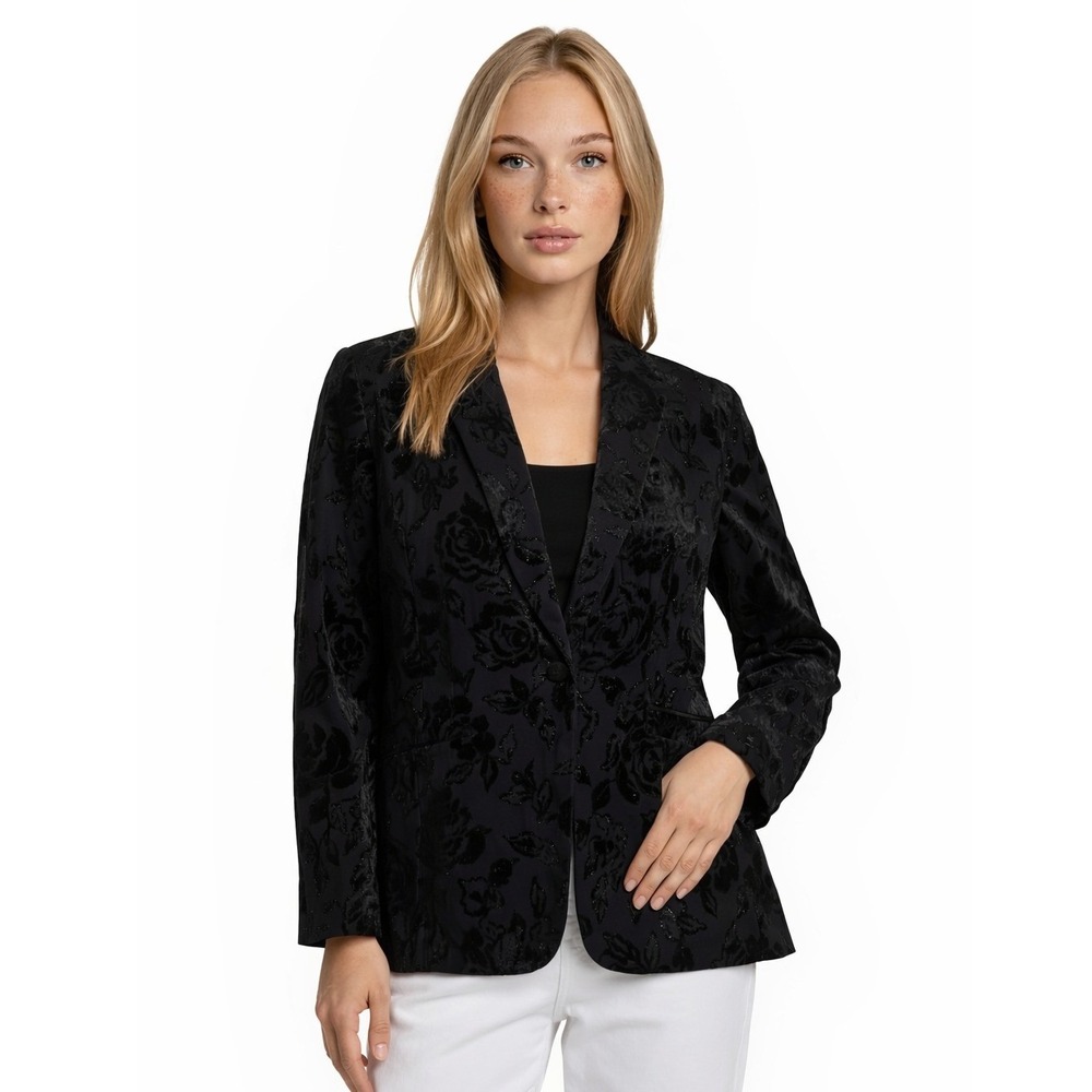 NWT Talbots Blazer Women's Size 14W Black Floral Devore Velvet Jacket